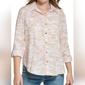 Calvin Klein Long Sleeve Button Down Lilac Camo Women's Shirt Size Large